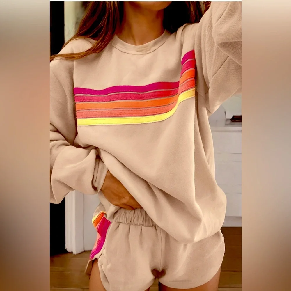 Apricot Sweatshirt and Shorts Set with Colorful Stripes - Picture 1 of 5